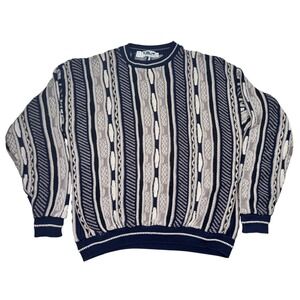 Lavane New York Textured Coogi Sweater Mens XL Navy Grey Vintage 90s USA Made